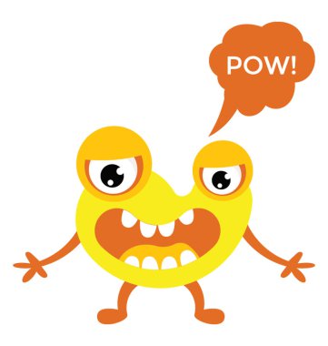 Sarı renkli büyük Pow mesaj işareti ile çizgi film oyun canavar gözlü