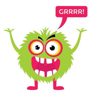 Canavar oyunu çizgi film hırıltı ve bağırıyor bir mesaj işareti ve eller yukarı, çizgi film karakteri düz simge görüntüsü ile 