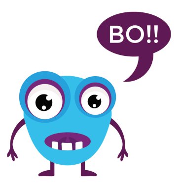 Bo ile küçük sevimli çizgi canavar! Mesaj işareti, büyük gözleri ve atıştırmaiçin ifadeler 