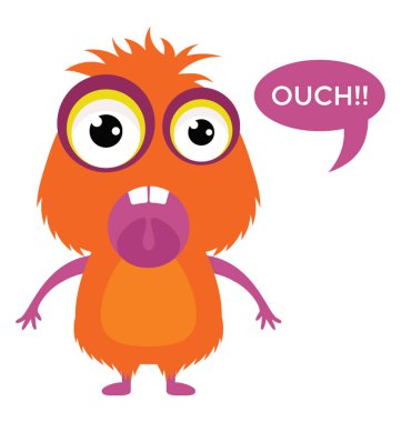 Sevimli çizgi kabarık canavar ile Ah mesaj kabarcık, düz vektör simge görüntüsünü hırlıyor 