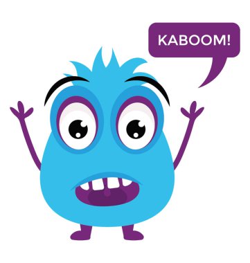 Canavar oyunu çizgi film hırıltı ve bağırıyor bir mesaj işareti ve eller yukarı, çizgi film karakteri düz simge görüntüsü ile 