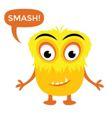 Çizgi film oyun canavar Saaash mesaj işareti ile sarı renkli büyük gözlü