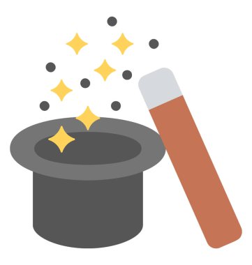 Sihirbaz şapkasıyla sihirli değnek ve sihirli yıldızlar, sihirli kavramı 