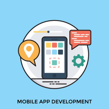 Mobil uygulama geliştirme süreci gösteren konum simgesi ve iletisi Gears'ı gösteren bir simge, kabarcık  