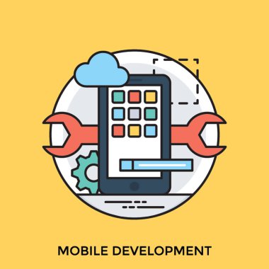 Bir smartphone ile somun anahtarı, dişli ve mobil geliştirme temsil eden simge bulut 