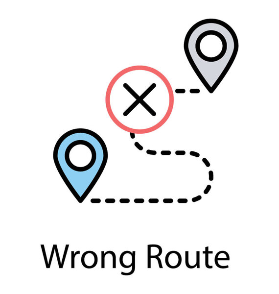 Two map pins on a line path is icon of start and end journey of road route with cross sign 