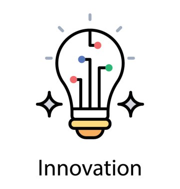 Yenilik düşünce kavramı için parlak ampul düz vektör simgesi