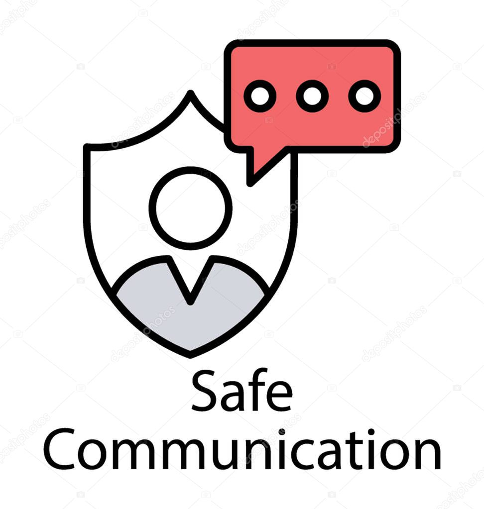 A male avatar in protection shield with a chat bubble represents secure communication icon concept for various social needs