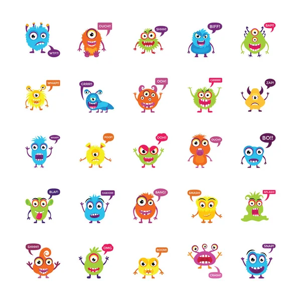 Monstruos Gruñendo Gritando Iconos Vectores Planos — Vector de stock