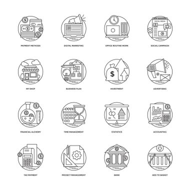 İş ve veri yönetimi çizgi vektör simgeler kümesi