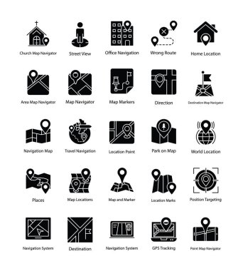 Harita ve navigasyon glif Icons Set