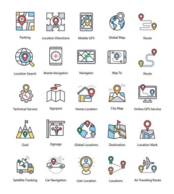 Harita ve navigasyon düz simgeler kümesi