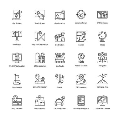 Haritalar ve gezinti çizgi vektör simgeler kümesi