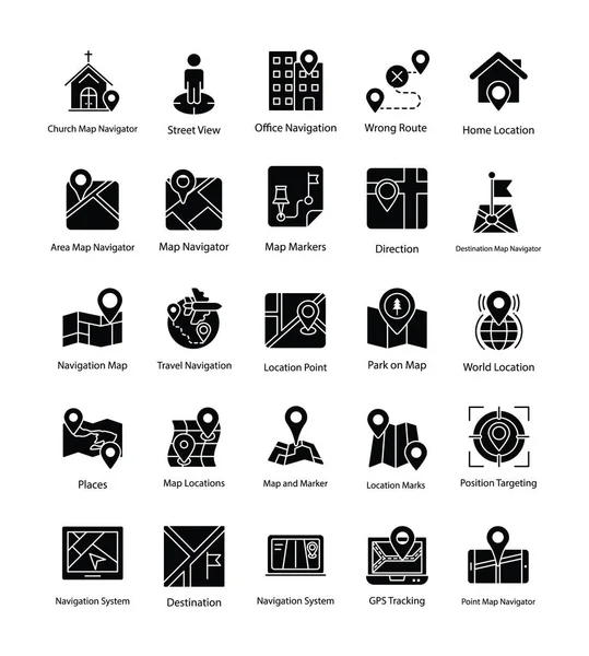Harita ve navigasyon glif Icons Set