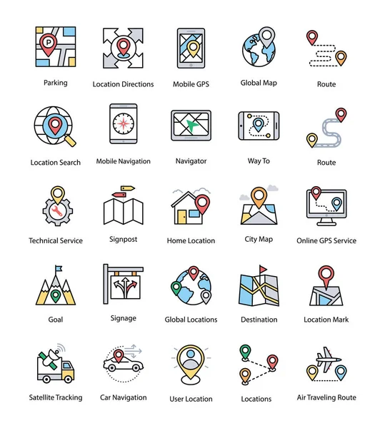 Harita ve navigasyon düz simgeler kümesi