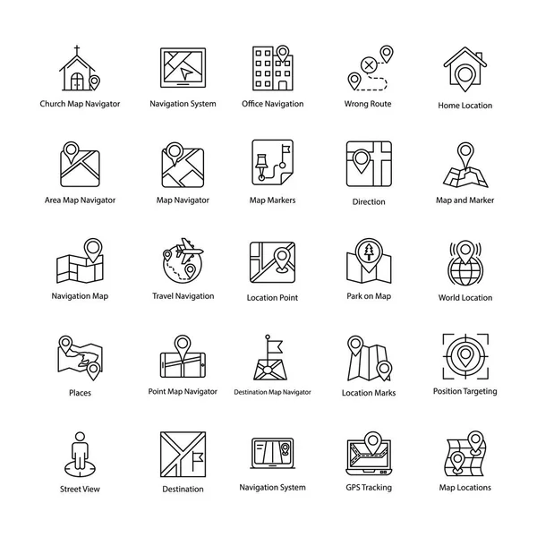 Conjunto Iconos Línea Mapa Navegación — Vector de stock