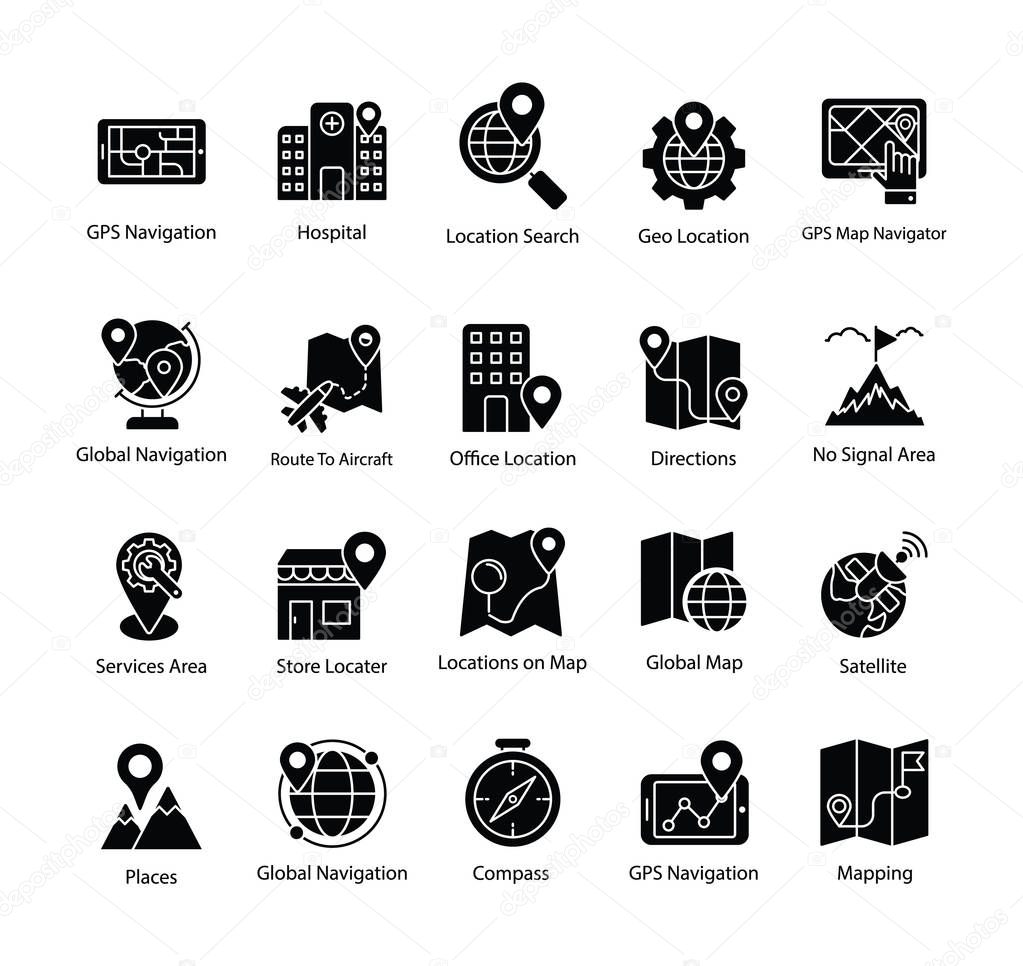 Map and Navigation Glyph Vectors Set