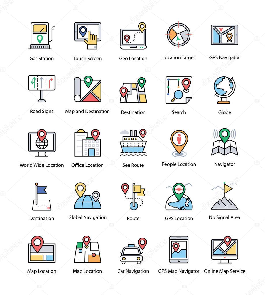 Maps and Navigation Flat Vector Icons Set