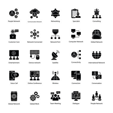 Ağ ve iletişim katı vektör simgeler 