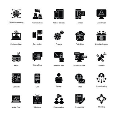 Ağ ve iletişim glif vektör simgeleri 