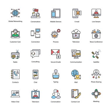 Ağ ve iletişim düz vektör simgeler 