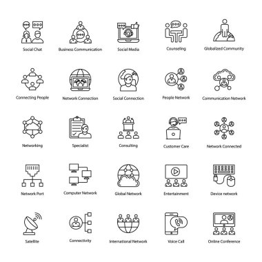 Ağ ve iletişim Anahat vektör simgeleri 