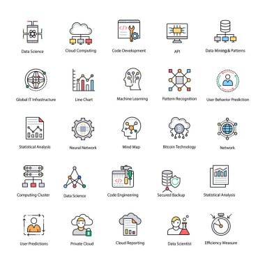 Veri bilim düz vektör simgeler kümesi