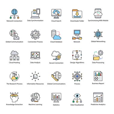 Veri bilim düz vektör simgeler koleksiyonu