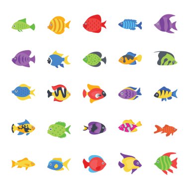 Balıklar düz Vector Icons Set