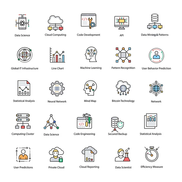 Veri bilim düz vektör simgeler kümesi