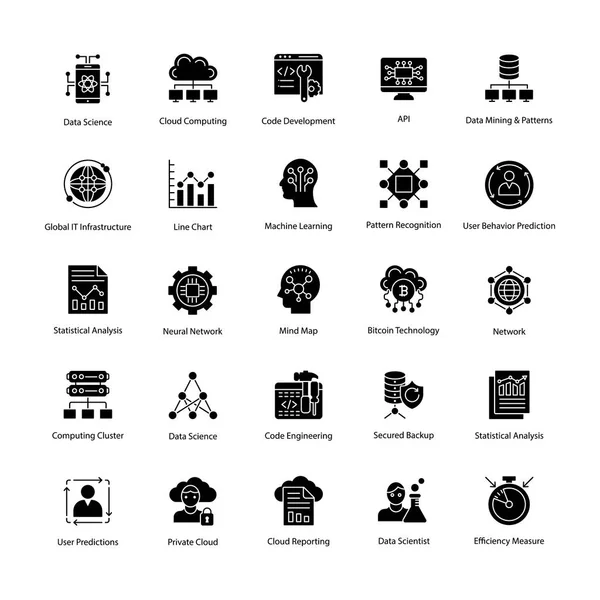 Set Icone Vettoriali Del Glifo Della Scienza Dei Dati — Vettoriale Stock