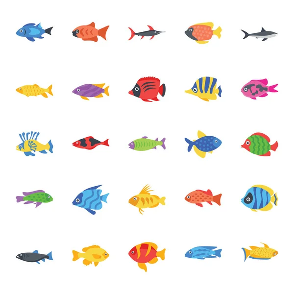 Conjunto Peces Planos Vector Iconos — Archivo Imágenes Vectoriales