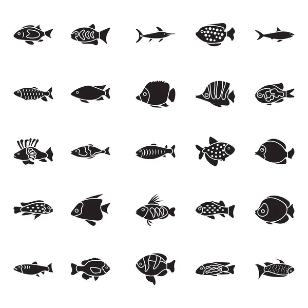 Ensemble Icônes Vectorielles Glyphe Poissons — Image vectorielle