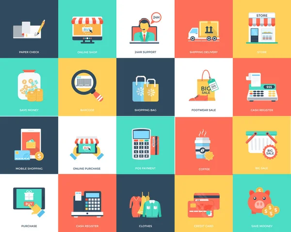 Conjunto Iconos Vectores Planos Compras — Vector de stock