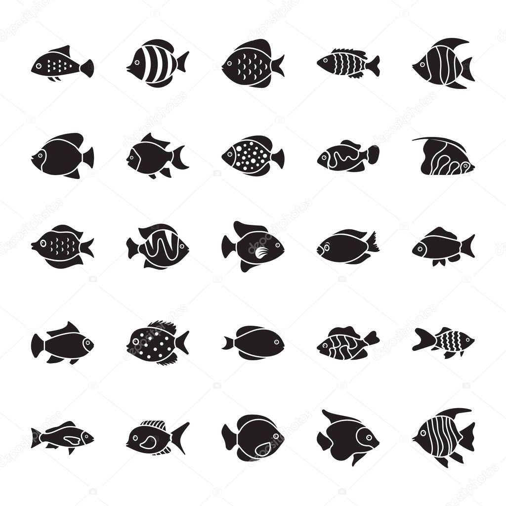 Fishes Glyph Vector Icons Set