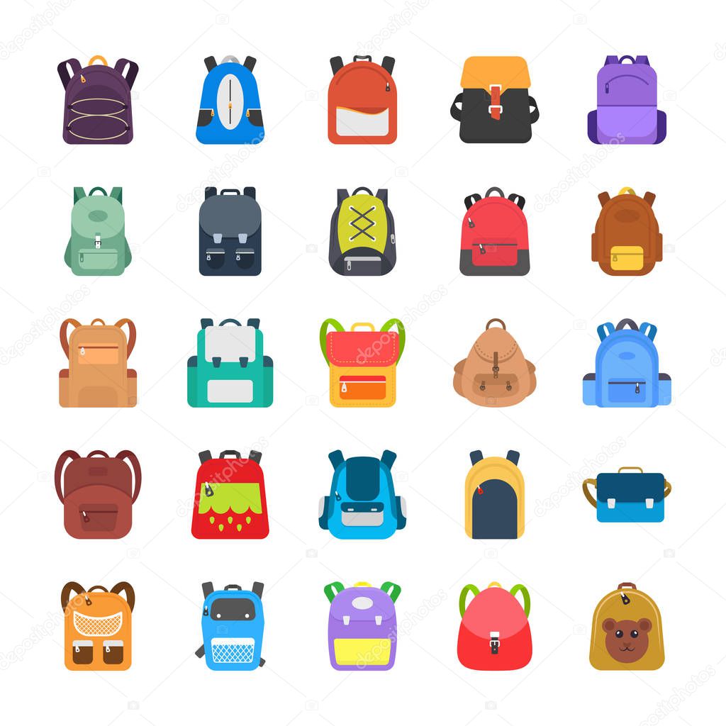 Back to School Kids School Backpack Flat Icons Set