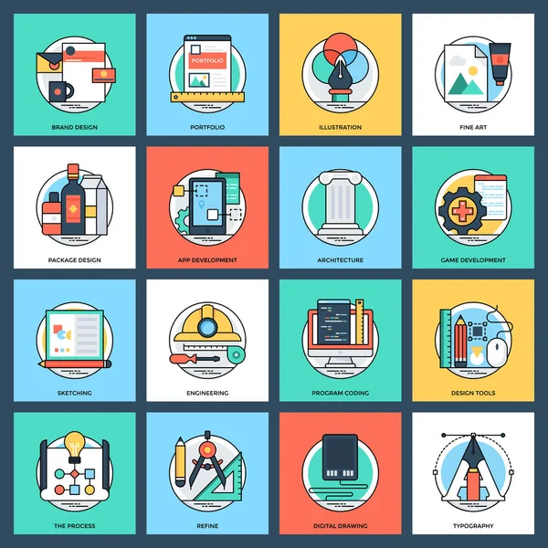 Diseño Desarrollo Iconos Vectores Planos — Vector de stock