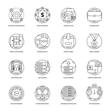 İş ve veri yönetimi çizgi vektör simgeler kümesi 