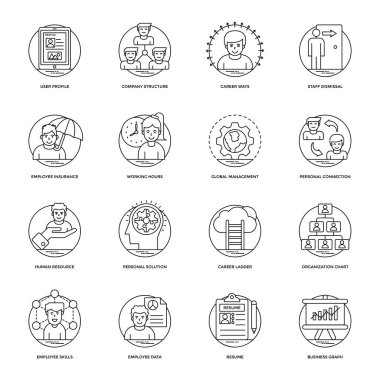 İş ve veri yönetimi çizgi vektör simgeler kümesi