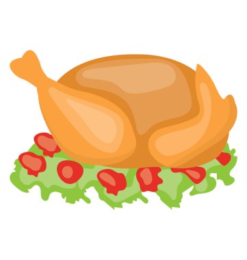 Baharat ve salata ile bütün taze tavuk kızartma tavuk için bir simge gösteriyor 