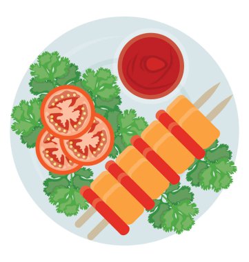 Barbekü şiş veya şaşlık simgesini ifade eden taze sebze ile süslenmiş şaşlık çubukları kullanarak grafik 