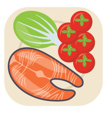 Deniz ürünleri parça, domates, marul somon için simge ifade eden bir tabak dolu