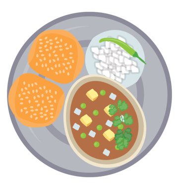 Susamlı ekmek kase nohut köri ve sabah yemek simgesini ifade eden salata ile