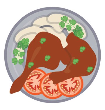 Tavuk budu, lor ve kızarmış tavuk budu için bir simge yapma domates dolu bir tabak 