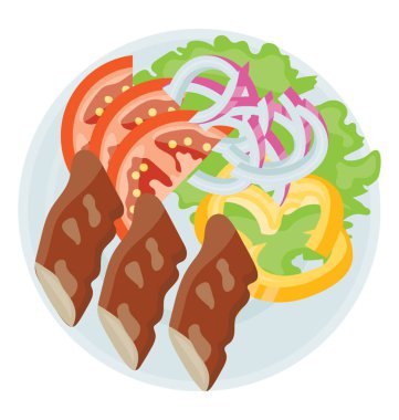 Füme et ve taze sebzeler, ızgara tavuk salata için simge ifade eden dolu bir tabak 