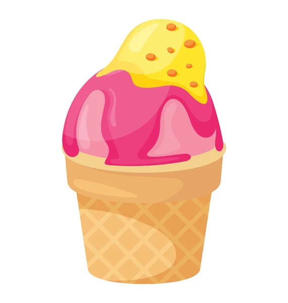 Helado Fresa Vainilla Con Jarabe Fresa Cono Taza — Vector de stock