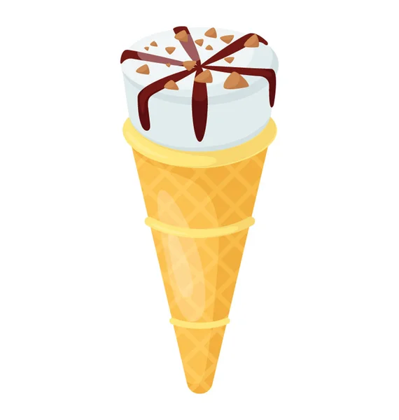 Cono Vainilla Chocolate Adornado Con Nueces Icono Vector Plano Cono — Vector de stock