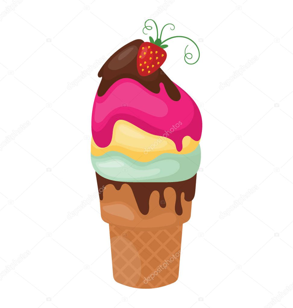 Three different flavor ice creams with wafer cone, rainbow sherbet cone flat icon 