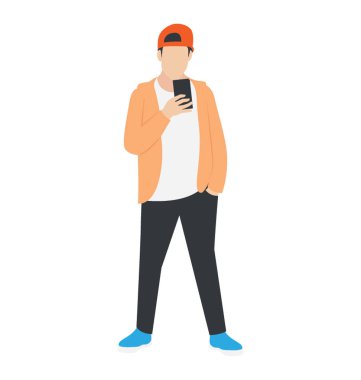 Spor ayakkabı ve telefon kullanarak ve serin çocuk karakter tasvir arka yüzü kap ile funky soyunma içinde teen ager  