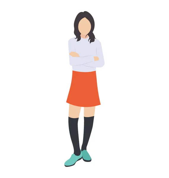 Thin Teenage Girl Wearing Skirt Standing Arms Folded — Stock Vector